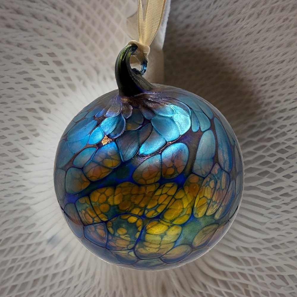 Large Handblown Glass Christmas Ornament Iridescent Purpoe Green Blue Vintage